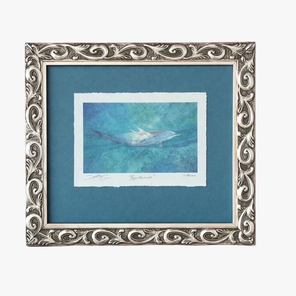 Pam E Webb “Togetherness” Dolphin Art Print Framed Blue Mat Silver Frame Coastal - Picture 4 of 4